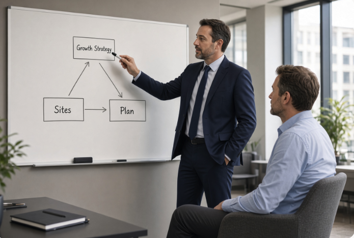 Consultant presenting a growth strategy, sites and plan on a whiteboard